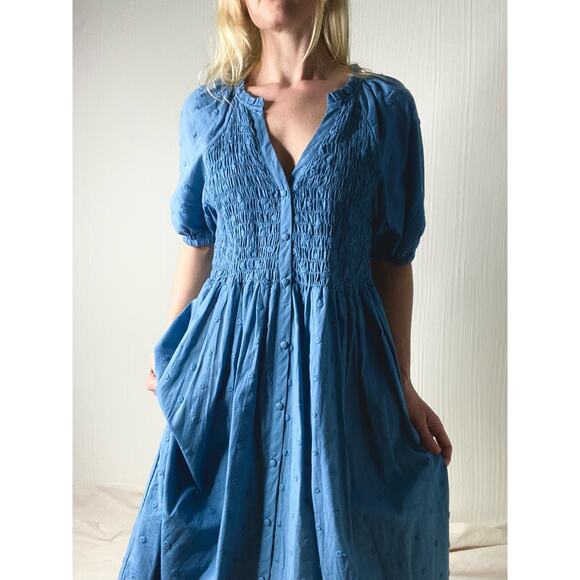 MNG Cotton Blue Smocked Puff Sleeve Maxi Dress NWT US 8 - Picture 3 of 12